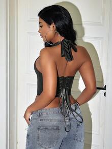 Yuwenier Plus Size Punk Style PU Leather Deep V-Neck Lace-Up Cropped Camisole Backless Top, Suitable For Concerts And Other Occasions Casual Black Summer - Black - View 2