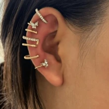 6pcs Minimalist Line Rhinestone Ear Cuff Earrings, Personalized Double Layer U-Shaped Clip On Earrings Set - Gold - View 5