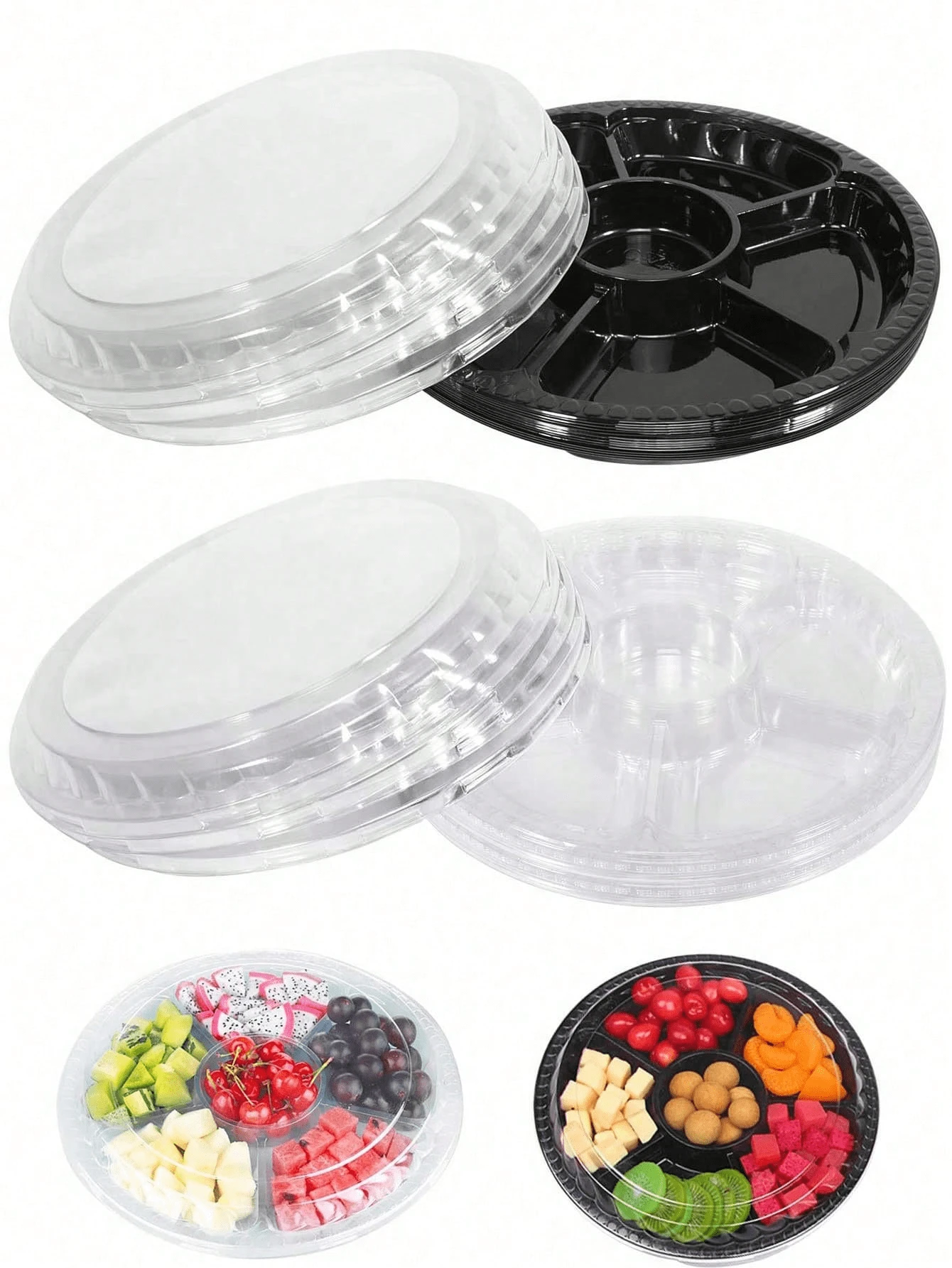 1/2/6 piezas - Bandeja redonda de plástico para aperitivos con tapa - Bandeja divisora de 10.4 pulgadas, Bandeja de almacenamiento de alimentos desechable, Bandeja de plástico para almacenamiento, Dispensador de aperitivos, Plato de frutas Bandeja de verduras, Adecuado para fiestas y bufés