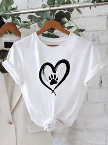 Women's Heart Shape Graphic Print Short Sleeve T-Shirt, Casual Loose Round Neck Short Sleeve T-Shirt - White - View 1