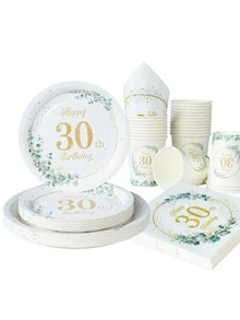 Juego de vajilla para el 30th cumpleaños, platos desechables de 7/9 pulgadas, vasos y servilletas, platos de papel decoraciones para fiesta de cumpleaños, adecuado para decoración de cumpleaños en verde salvia, vajilla para fiesta de cumpleaños, suministros desechables para fiestas con servilletas - Multicolor - Ver 1
