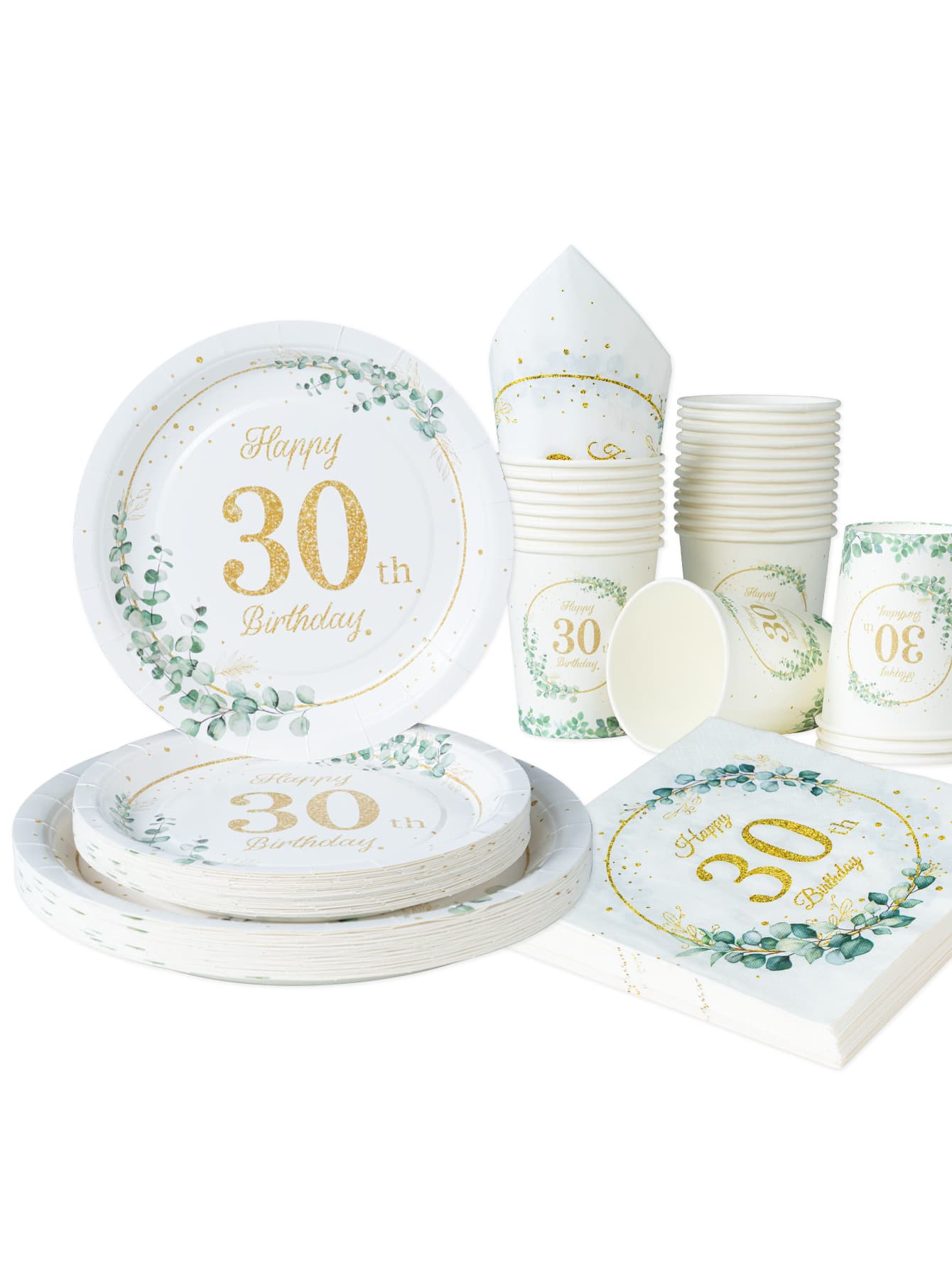 Juego de vajilla para el 30th cumpleaños, platos desechables de 7/9 pulgadas, vasos y servilletas, platos de papel decoraciones para fiesta de cumpleaños, adecuado para decoración de cumpleaños en verde salvia, vajilla para fiesta de cumpleaños, suministros desechables para fiestas con servilletas - Multicolor - Ver 1