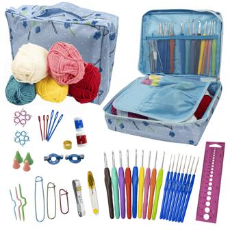 1 set de fil et de crochet pour débutants, comprenant des crochets avec une prise ergonomique et un étui de crochet avec motif de fleur bleue, convient à l'apprentissage, cadeau pour les femmes (certains accessoires sont de couleurs aléatoires)
