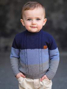 Suéter infantil color-block azul marino y gris | Punto trenzado, cuello redondo, manga larga - Azul Marino - Ver 2