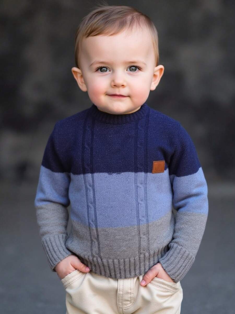 Suéter infantil color-block azul marino y gris | Punto trenzado, cuello redondo, manga larga