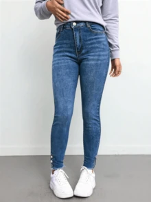 Vaqueros ajustados de cintura alta con diseño novedoso de pernera de pantalón - Azul - Ver 2