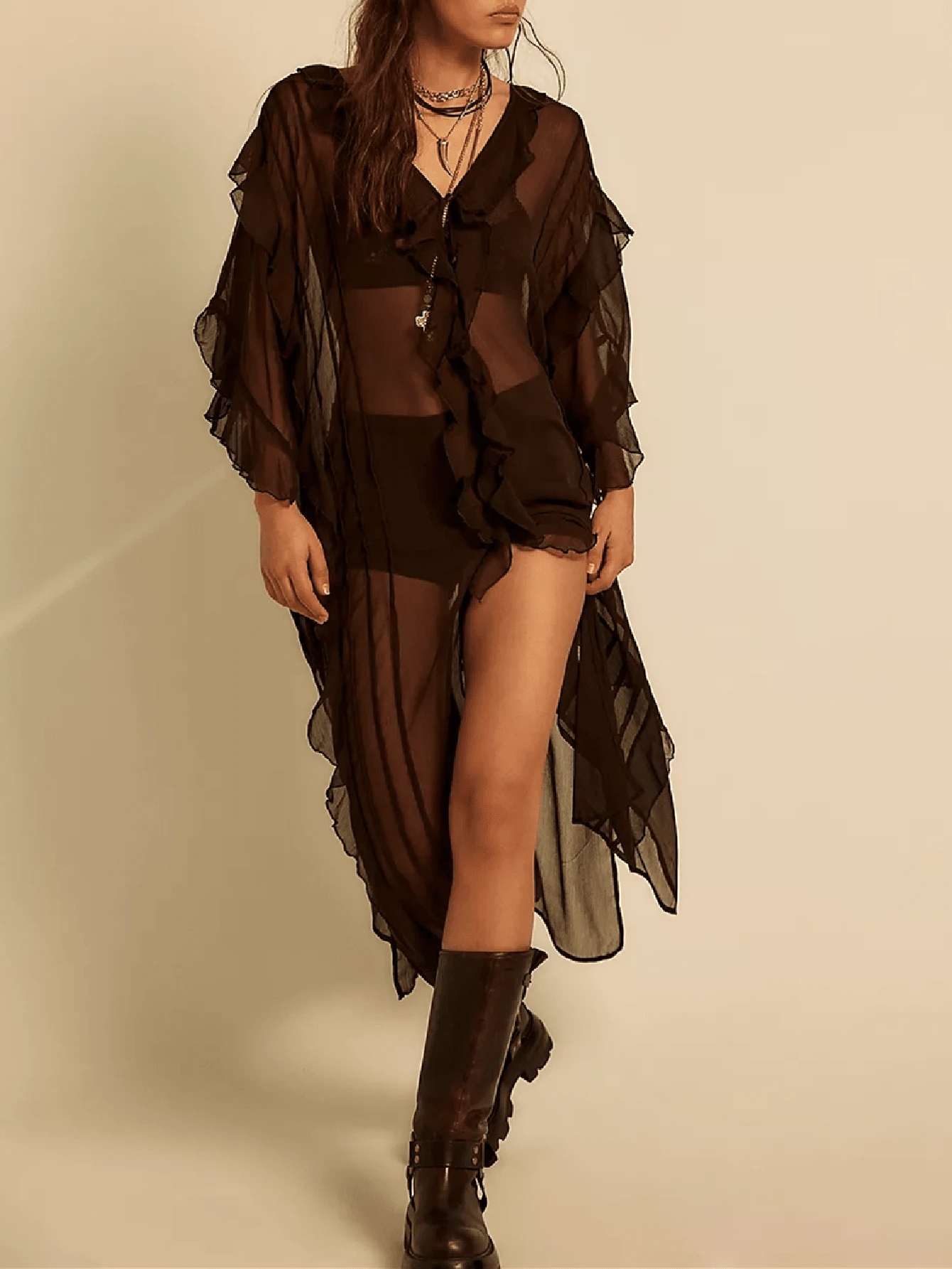 Women Frill Sheer Kimono Half Sleeve Ruffle Top See Through Flowy Blouse Shirt Side Split Long Chiffon Cardigans - màu nâu - Xem 1