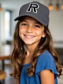 1顶儿童A-Z字母海军蓝棒球帽，时尚男女童运动遮阳帽，可调节帽带，3-8岁儿童返校必备 - 黑色 - 查看 6