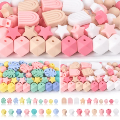 63 peças de contas de silicone rosa vibrante - contas focais/espaçadoras em forma de estrela, arco, círculo e hexagonal para kit de fabricação de joias faça você mesmo, chaveiro, cordão e suprimentos para artesanato (conjunto para presente)