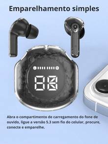T8 Pro Fone De Ouvido Bluetooth Transparente Sem Fio Led e ante ruido