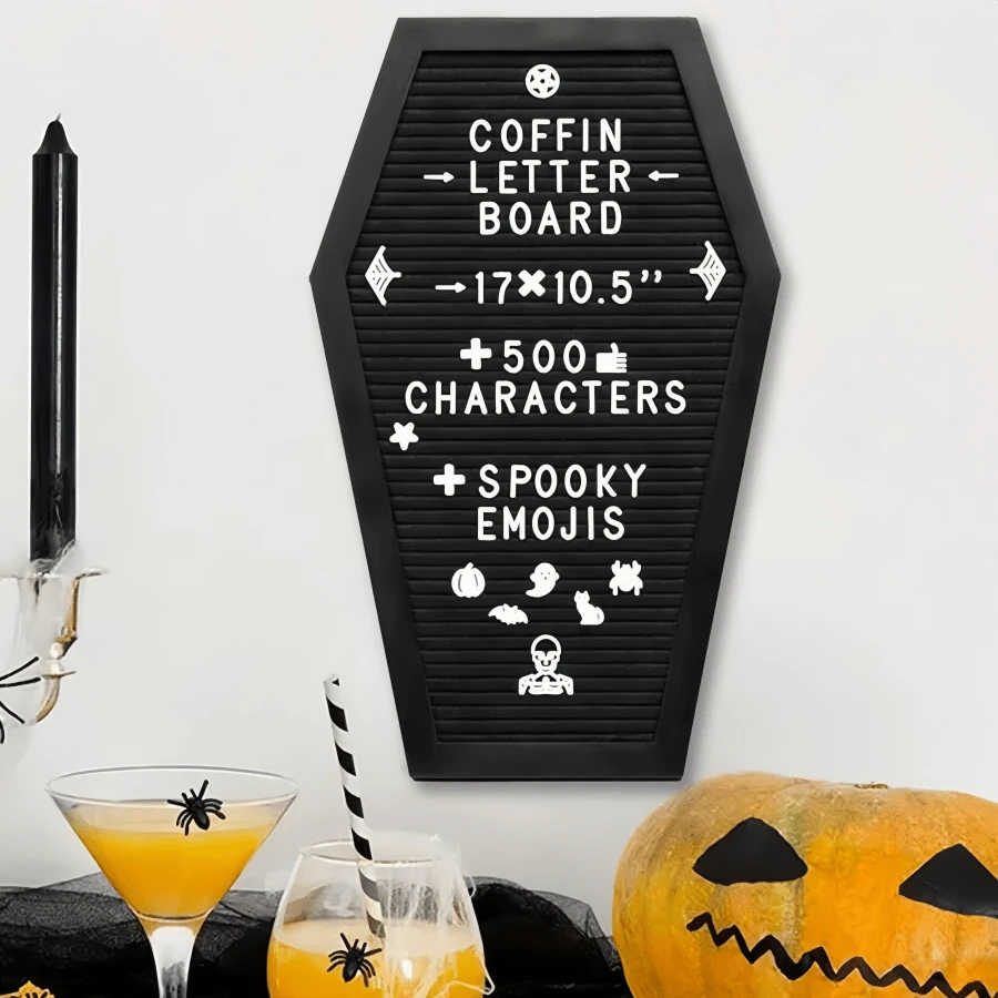 Tableau de lettres en forme de cercueil, planche de message en bois pour décoration d'Halloween à la maison, décoration effrayante et lugubre, cadeau effrayant et inquiétant. Les lettres ne sont pas amovibles.