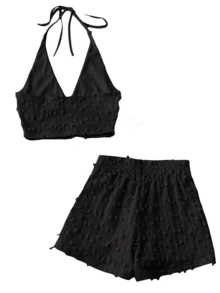 Sleeveless Short Top And Shorts For Women,Summer 2 Piece Sets Swimsuit - Black - View 3
