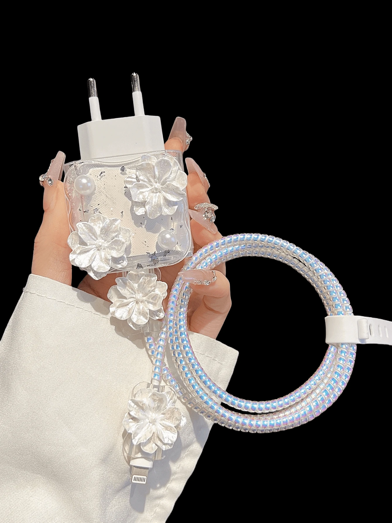 5件/套山茶花图案适用于欧版20W充电器保护套，数据线保护套兼容iPhone11/12/13/14/15/16 Pro Max数据线防弯绕线器，数据线固定器，防断数据线，TPU充电头保护壳 Nan充电器配件 手机配件 - 彩色 - 查看 1