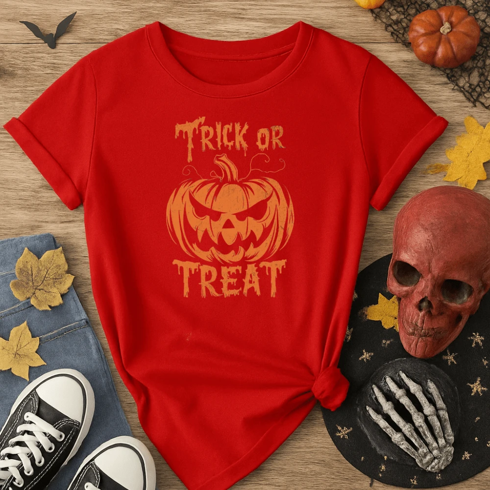 Unisex Cotton T-Shirt Printed Trick Or Treat Pumpkin 181 Short Sleeve Blouse Round Neck Women's Men's Scary Horror Halloween Theme - 紅色 - 查看 1