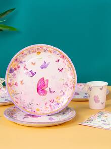 蝴蝶派对餐具套装，7/9 英寸一次性纸盘、纸杯和餐巾，蝴蝶盘子和餐巾派对用品，包括盘子、杯子、精美餐巾，适合女孩、女士、粉色新娘送礼会、单身派对、新娘礼物 - 彩色 - 查看 3