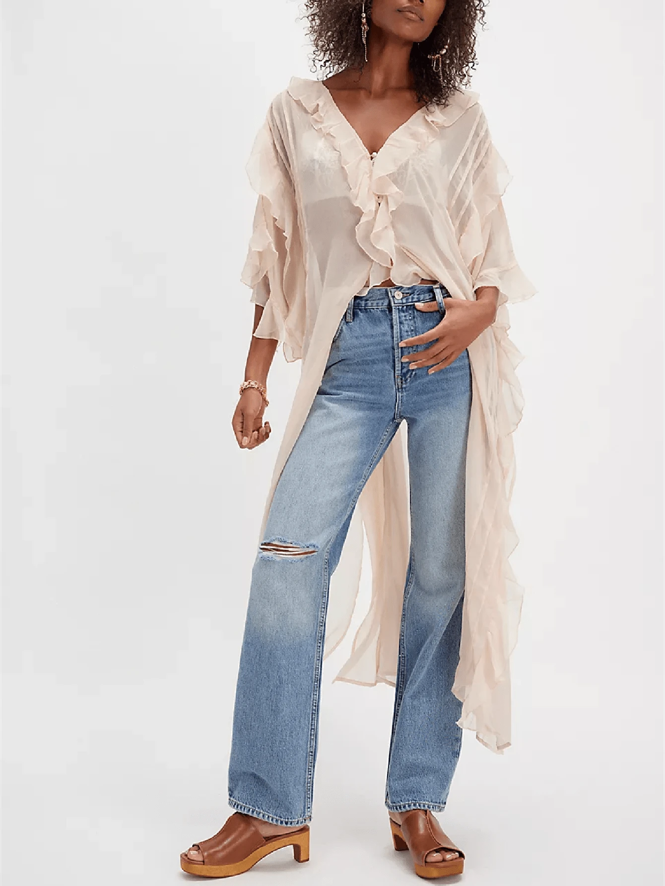 Women Frill Sheer Kimono Half Sleeve Ruffle Top See Through Flowy Blouse Shirt Side Split Long Chiffon Cardigans - trắng - Xem 1