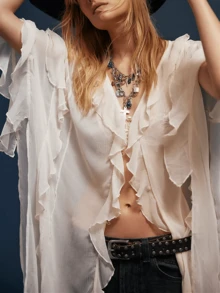 Women Frill Sheer Kimono Half Sleeve Ruffle Top See Through Flowy Blouse Shirt Side Split Long Chiffon Cardigans - Trắng 2 - Xem 5