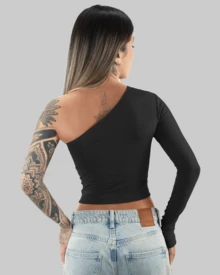 Simple Casual Women's Cropped Mule Manca T-Shirt One Shoulder Long Sleeve Autumn/Winter AITONA - 黑色 - 查看 2