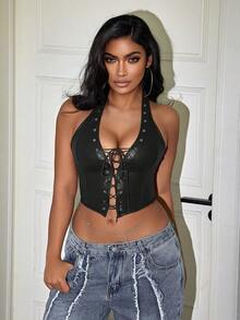Yuwenier Plus Size Punk Style PU Leather Deep V-Neck Lace-Up Cropped Camisole Backless Top, Suitable For Concerts And Other Occasions Casual Black Summer - Black - View 3