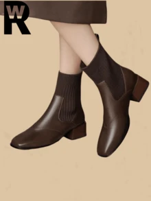 2025 Spring/Autumn New Arrival Elastic Sock Boots, Flat Heel Ankle Boots, British Style, Ankle Boots & Booties, Fall, Winter - Brown - View 1