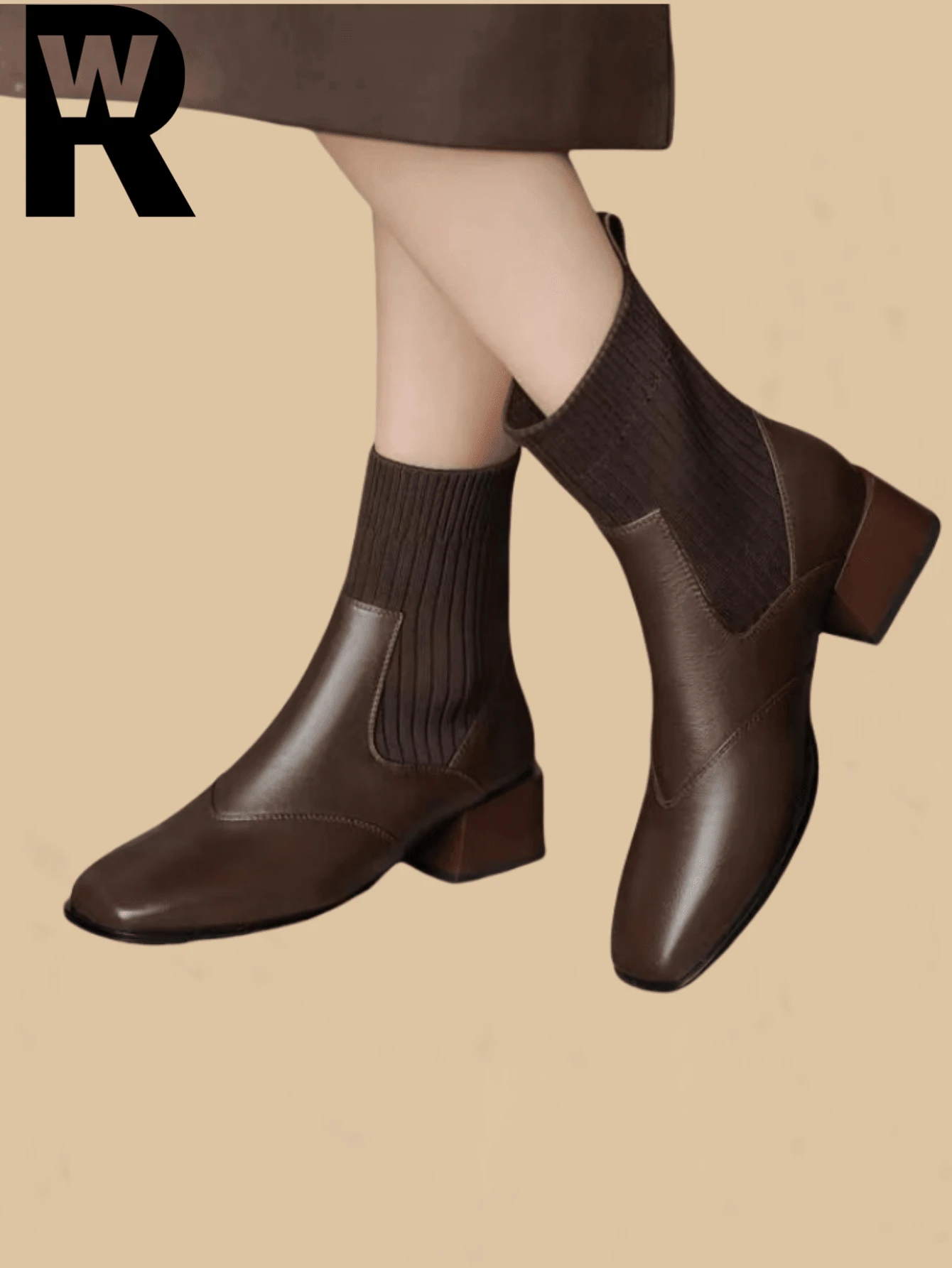 2025 Spring/Autumn New Arrival Elastic Sock Boots, Flat Heel Ankle Boots, British Style, Ankle Boots & Booties, Fall, Winter - Brown - View 1