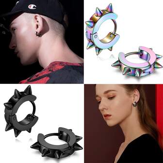 Pendientes de estilo punk para hombres y mujeres, pendientes de aro de acero inoxidable con punta punk, 3 pares, acero inoxidable, blanco, negro, colorido, accesorios para fiestas callejeras