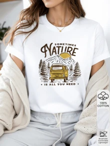1 件女式圆领 T 恤 100% 纯棉 - 自然露营车图案、复古冒险印花、山地风景艺术、春夏、四季、女士户外休闲 T 恤、女孩、热销、库存有限，是送给自然爱好者的礼物、生日、节日礼物 - 白色 - 查看 1