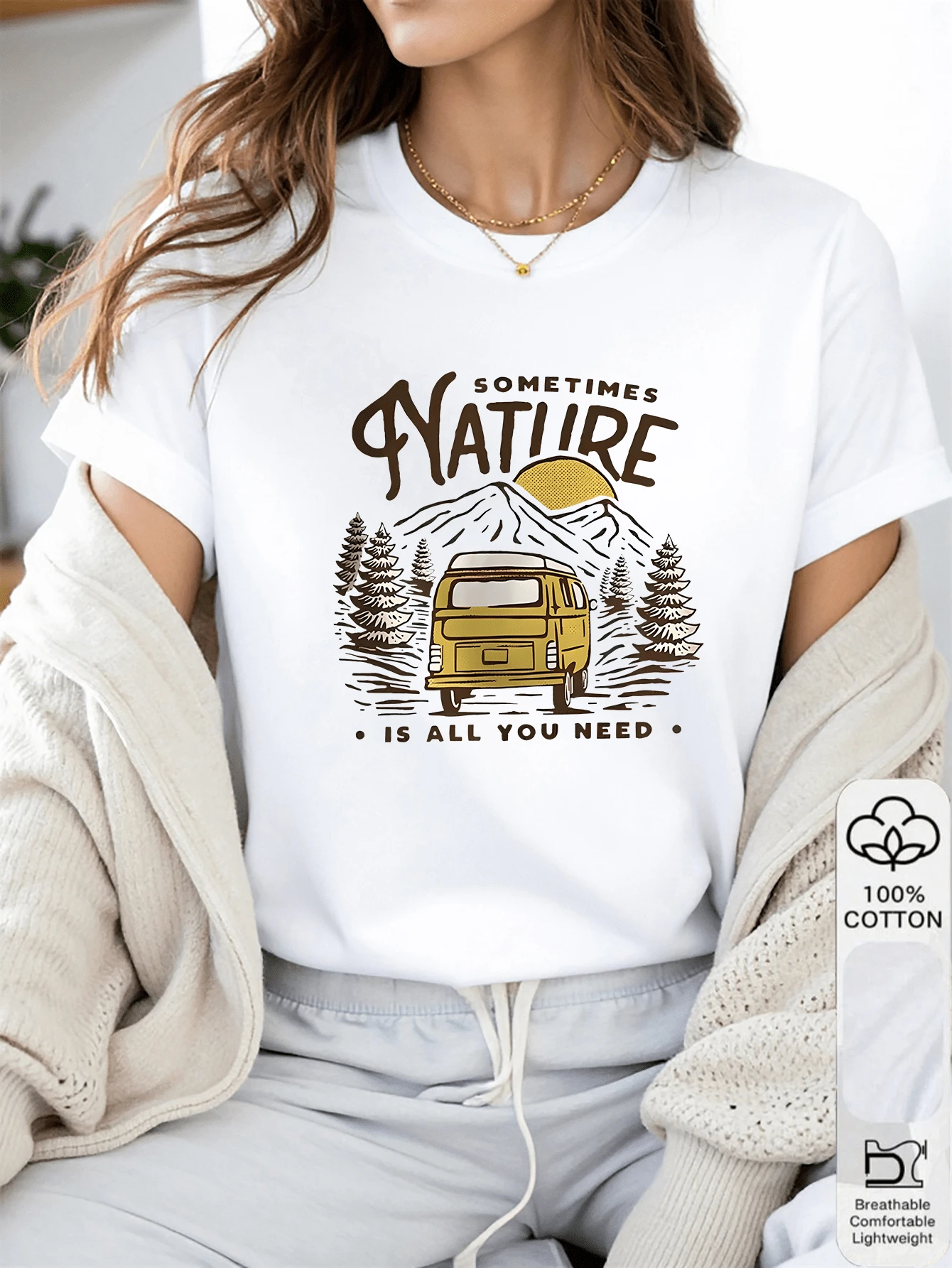 1 件女式圆领 T 恤 100% 纯棉 - 自然露营车图案、复古冒险印花、山地风景艺术、春夏、四季、女士户外休闲 T 恤、女孩、热销、库存有限，是送给自然爱好者的礼物、生日、节日礼物 - 白色 - 查看 1