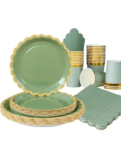25 件/套绿色花瓣形金边一次性纸盘，绿色金边盘子、餐巾和杯子，适用于派对、生日、婚礼、家庭野餐