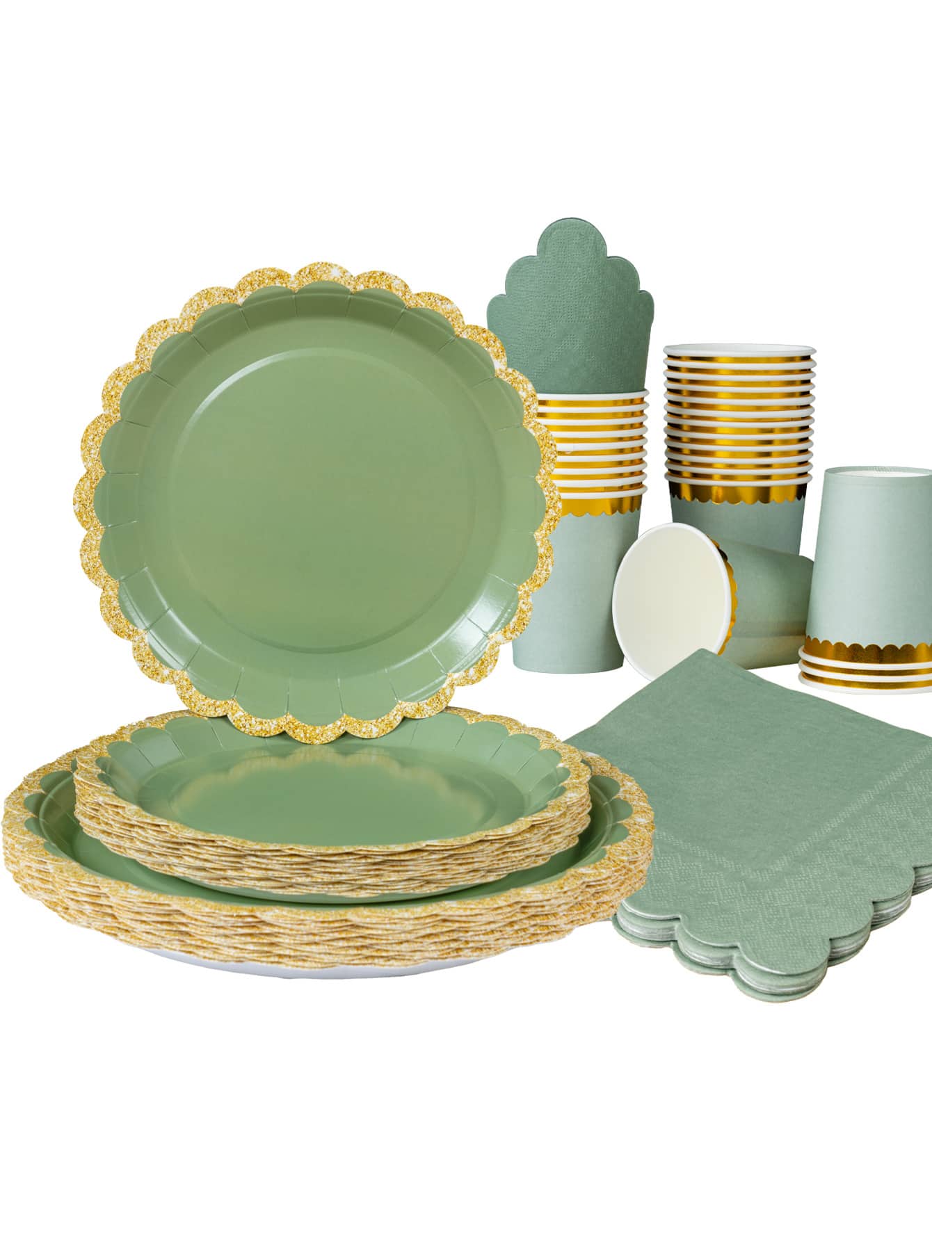25 件/套绿色花瓣形金边一次性纸盘，绿色金边盘子、餐巾和杯子，适用于派对、生日、婚礼、家庭野餐 - 彩色 - 查看 1