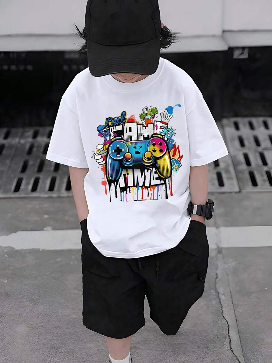 Children Boys Colorful Game Controller Funny Kids Graphic Tee, Casual Soft Short Sleeve Pure Cotton 220g Pattern Printed T-Shirt