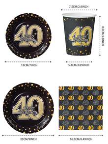 40岁生日黑金波点一次性盘子、餐巾和杯子 - 可供25位宾客使用。一次性生日、婚礼、派对、家庭野餐餐具 - 彩色 - 查看 2