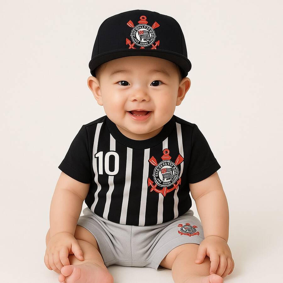 Timão Themed Monthiversary Baby Bodysuit Super Comfortable Premium Line - 連身衣+白色短褲+貝雷帽 - 查看 1