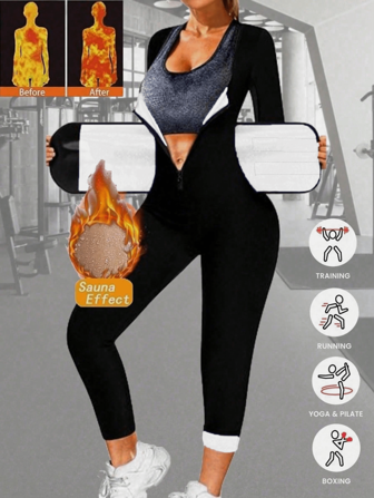 三合一桑拿运动塑身衣，女士束腰收腹，全身长袖塑身裤，腰带紧身裤，束身衣连体衣，健身套装