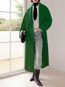 秋冬新款休闲女式羊毛混纺翻领长袖保暖通勤优雅长款大衣，时尚女式长款绿色双排扣呢大衣，翻领设计，双扣细节，秋冬完美之选