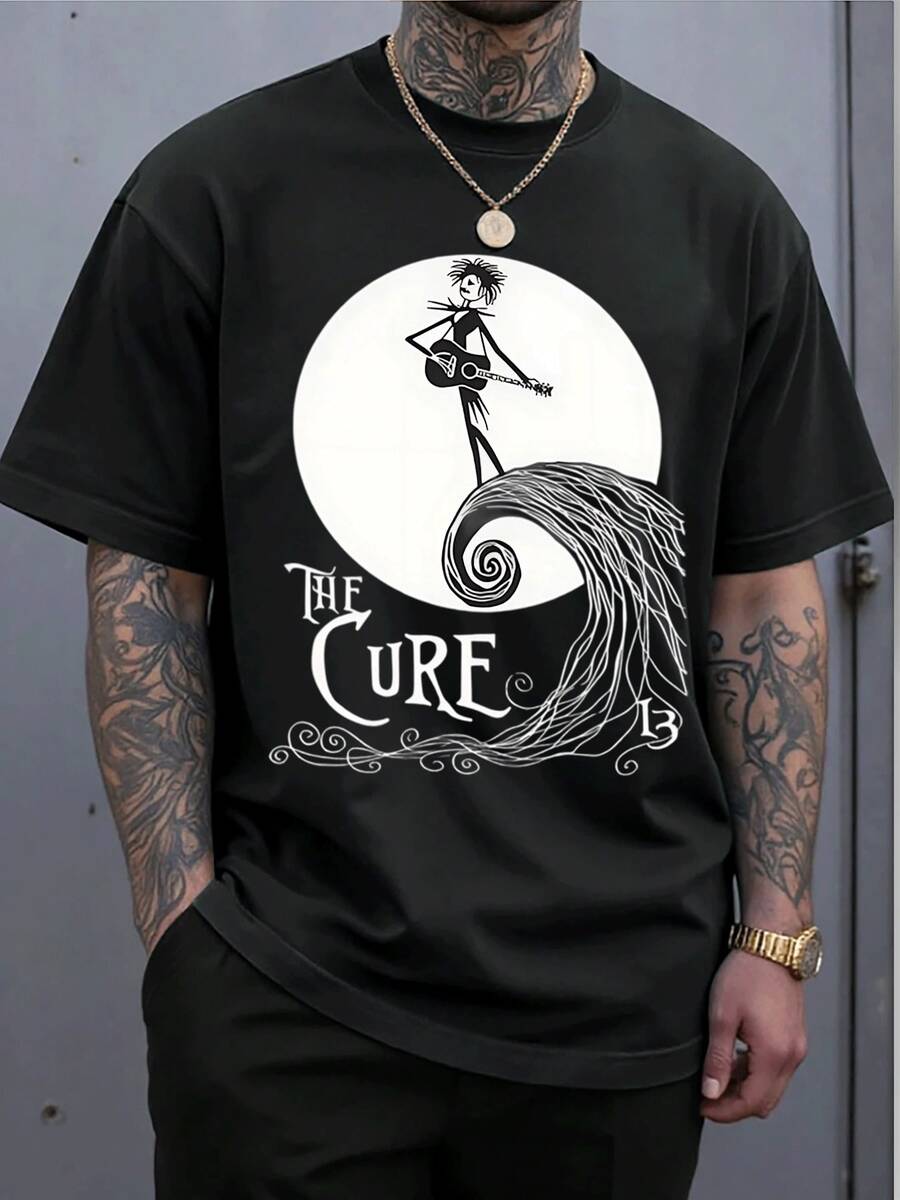 Camiseta con estampado de guitarra de Jack de Pesadilla antes de Navidad para hombre, camiseta informal de primavera y verano de manga corta y cuello redondo, cuello redondo, manga corta, 100% algodón, algodón grueso de 220 g - Negro - Ver 1