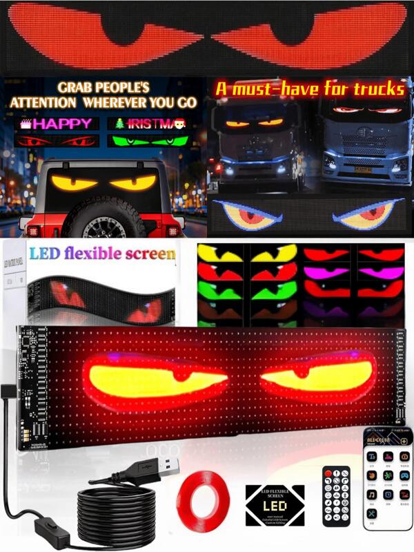 1 Piece Flexible LED Windshield Display For Cars, With Animated Flashing Devil Eyes, APP Programmable Soft LED Screen, Customizable Effects, Compatible With 24V Systems