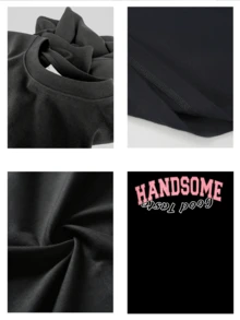 Camiseta de hombre con estampado "HANDSOME", informal, de manga corta y cuello redondo, para primavera y verano. 100 % algodón (220 g de grosor). - Negro - Ver 4
