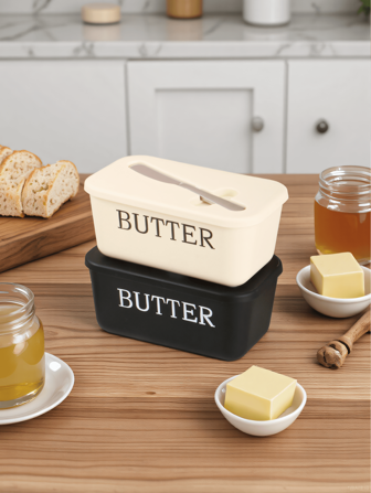 1个PP材质黄油碟带盖带刀，碟身印有“BUTTER”字样，保持黄油新鲜，方便日常早餐、烘焙场景使用