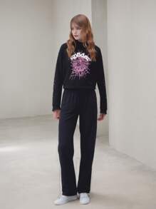 Sp5der 555555 Spider Web Foamed Printed Pure Cotton Hooded Sweatshirt Casual Long Pants Set For Autumn And Winter Men And Women - 黑色 - 查看 2