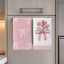 2 件粉色蝴蝶结和郁金香图案厨房毛巾，柔软涤纶材质洗碗布，适用于厨房装饰、清洁、节日派对装饰、厨房和浴室必需品、家居装饰、乔迁礼物