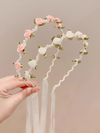 Princess Headband Hair Accessories, Faux Pearl Flower Crown, Floral Headpiece, Sweet Girl Hair Hoop