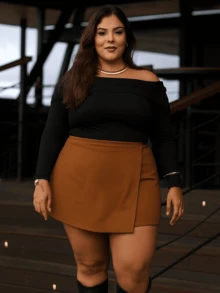 Black Solid Wrap Skirt With Adjustable Tie-Up, High Waist, Plus Size, Non-Transparent, Casual, Elegant - 鏽棕色 - 查看 6