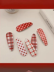 6/12件红色波尔卡圆点发夹，圣诞格子发饰，适合女性日常、拍照、派对、礼物（红色款式随机混合），爪夹、发夹、发夹、发夹 - 紅色 - 查看 5