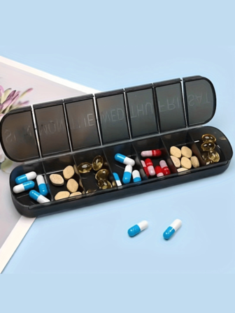 1pc Large Compact 7 Day Weekly Pill Organizer, Portable Travel Friendly Quick Fill Medicine Case Box With Large Compartment For Vitamins, Fish Oil, White, Black