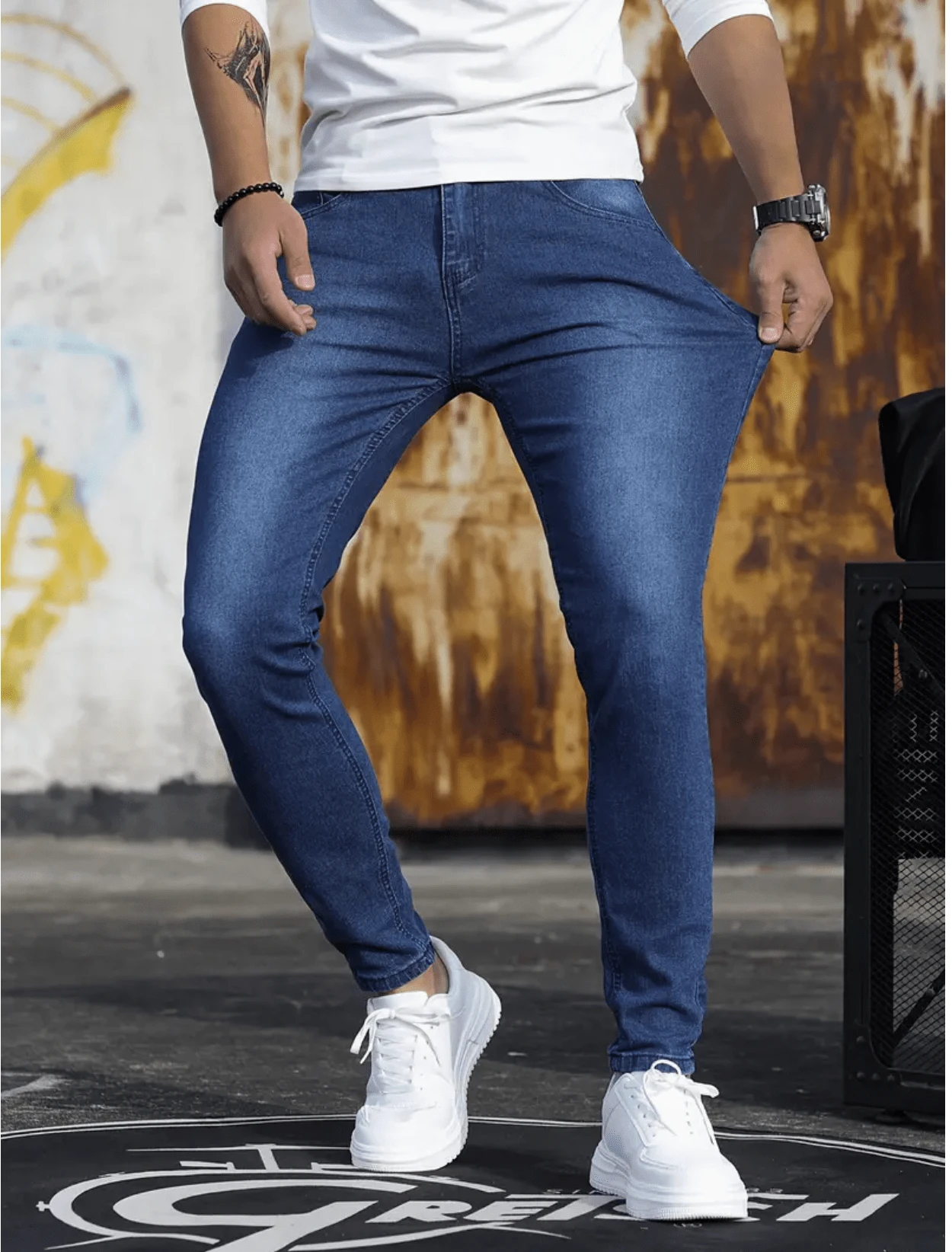 Men's Skinny Jeans, Comfortable, Street, Elastane, Premium Line, Dark Blue - 藍色 - 查看 1