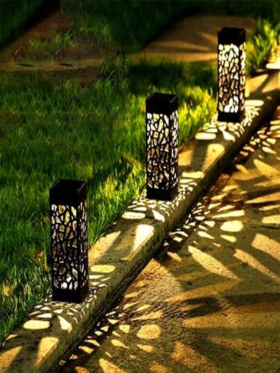 [Large Size]2/4/6/12pcs Outdoor Solar Rectangular Hollow Lawn Light, ABS Resin Material Garden Street Lamp Decoration, Night Light Waterproof Hollow Hollow Solar Ground Insertion Light (500mah), Landscape Projection Pattern Light, Lighting Decoration, Very Suitable For Road Lawns, Garden Courtyards, Driveway Path Lights - Warm Light