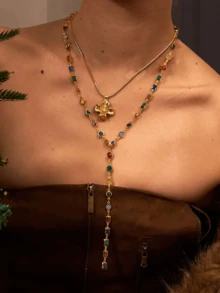 1/2pcs Fashionable & Elegant Colorful Crystal Flower Y-Shaped Necklace Set, Suitable For Party, Banquet, Date, Vacation, Daily Wear