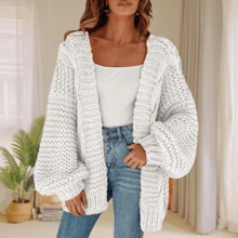 Womens Open Front Chunky Knit Cardigan Oversized Lantern Sleeve Sweater Coat