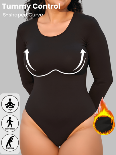 Plus Size Winter 1pc Women's Seamless Comfortable Shapewear Bodysuit, With Crotch Hook Closure Can Be Worn Outerwear Or Underlayer, Adjusts Figure, Tummy Control, Butt Lift